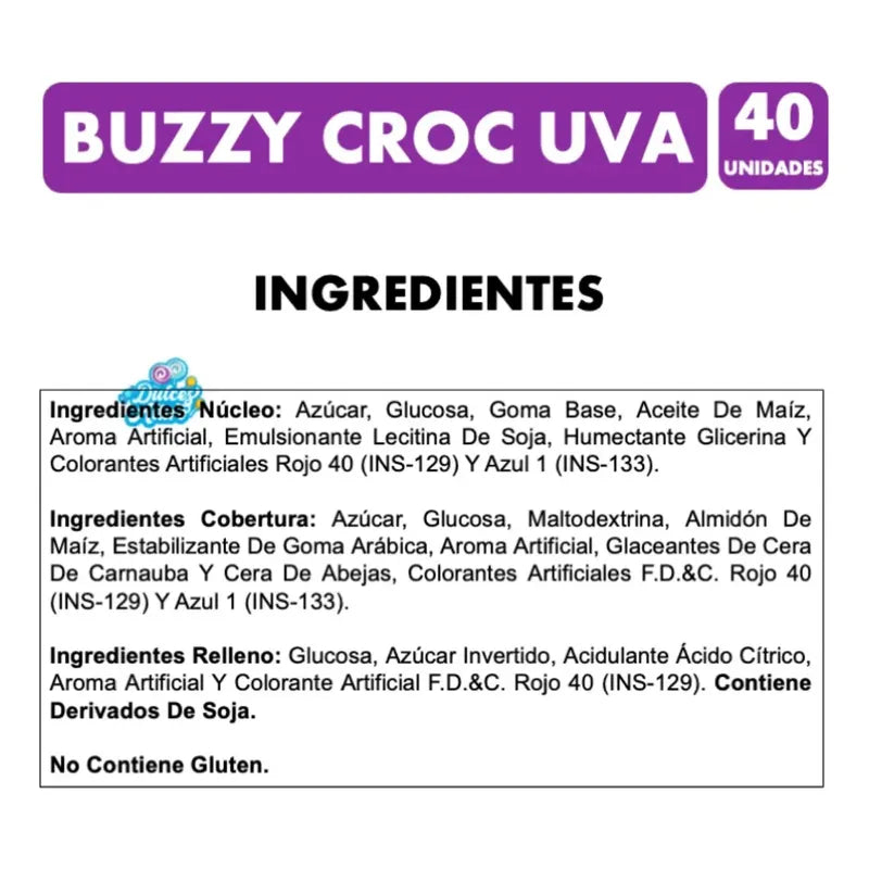 Chicles Buzzy Croc Super Crocante Sabor Uva  (40 Unidades)