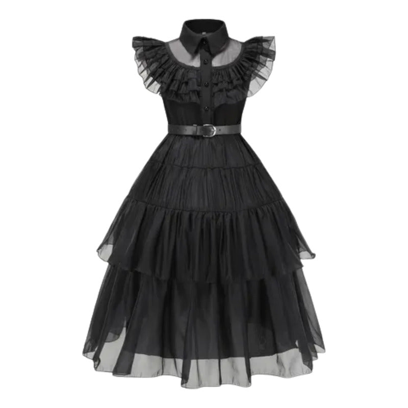 Disfraz De Merlina Vestido De Fiesta Negro Con Cinturon Niña 10-12