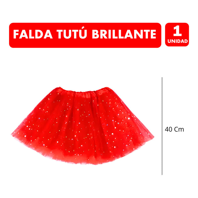 Falda Tutu Rojo Con Brillos Mujer Especial Halloween 40 Cm Tul Estandar