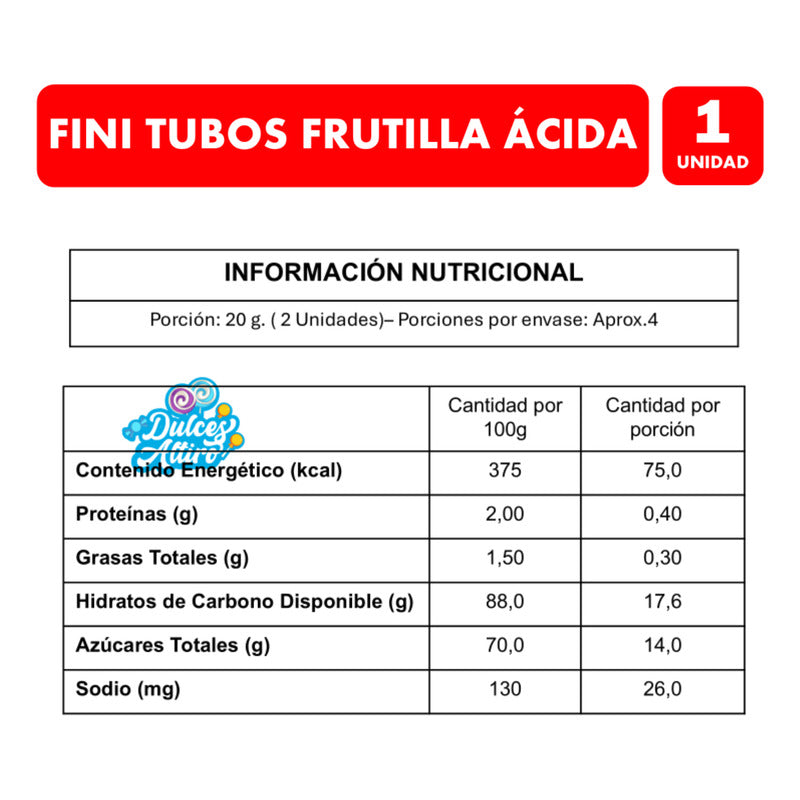 Gomitas Fini Sabor Frutilla Ácida En Forma De Tubos (80 Gr)