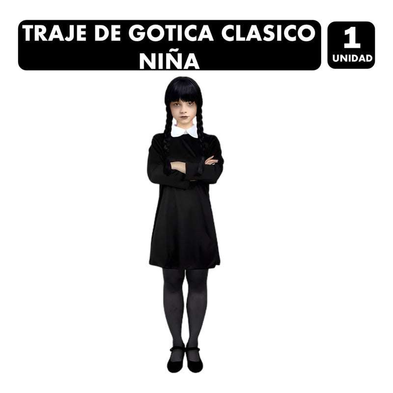 Traje Gótica Niña Negro Con Cuello Especial Halloween 10-12