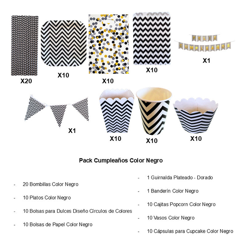 Pack Cumpleaños Negro-blanco -adornos Accesorios Decoración