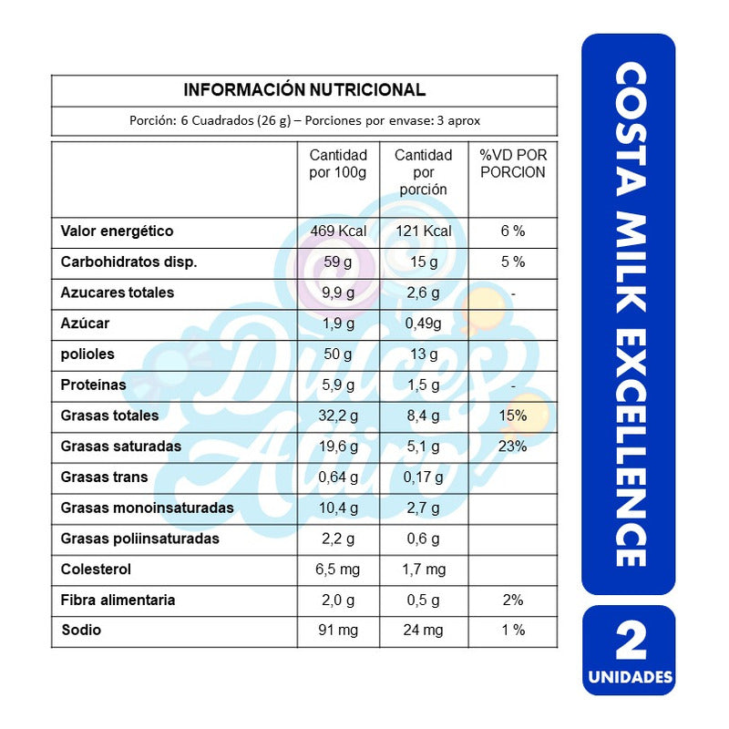 Chocolate Costa Milk Excellence, De Costa - Pack De 2 Barras