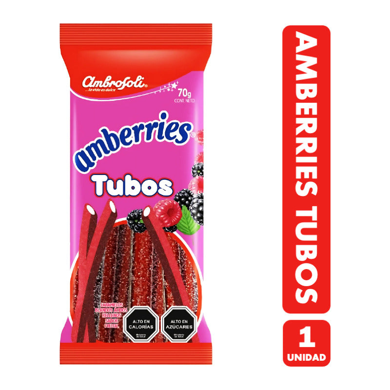 Amberries Tubos - Gomitas Rellenas Sabor Frutal (70 Gramos)