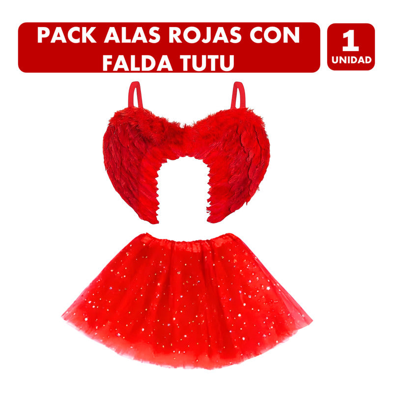 Pack Disfraz Alas De Ángel Rojo Con Falda Tutu Brillos Mujer Estandar