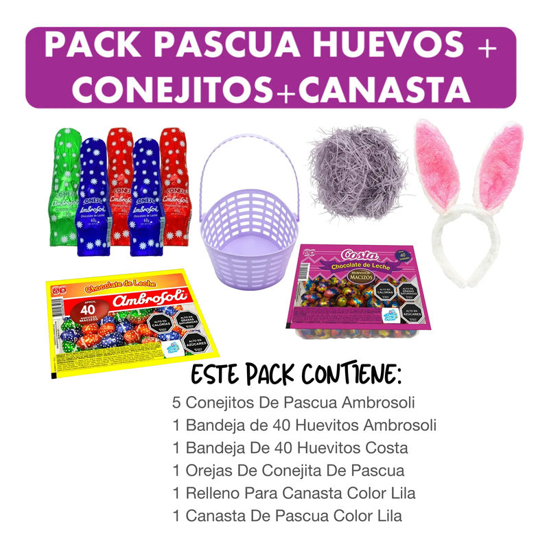 Pack Huevos Y Conejitos De Pascua + Canasta  Papel Y Orejas