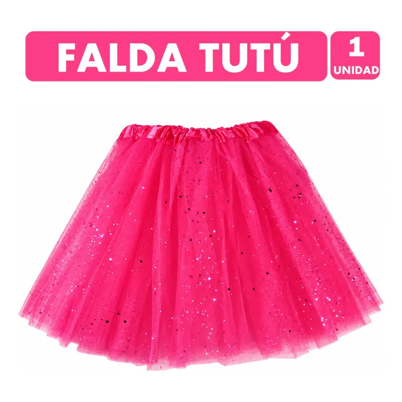 Falda Tutú Fucsia Con Brillitos Especial Halloween (40cm) Fucsia Brillos S-m
