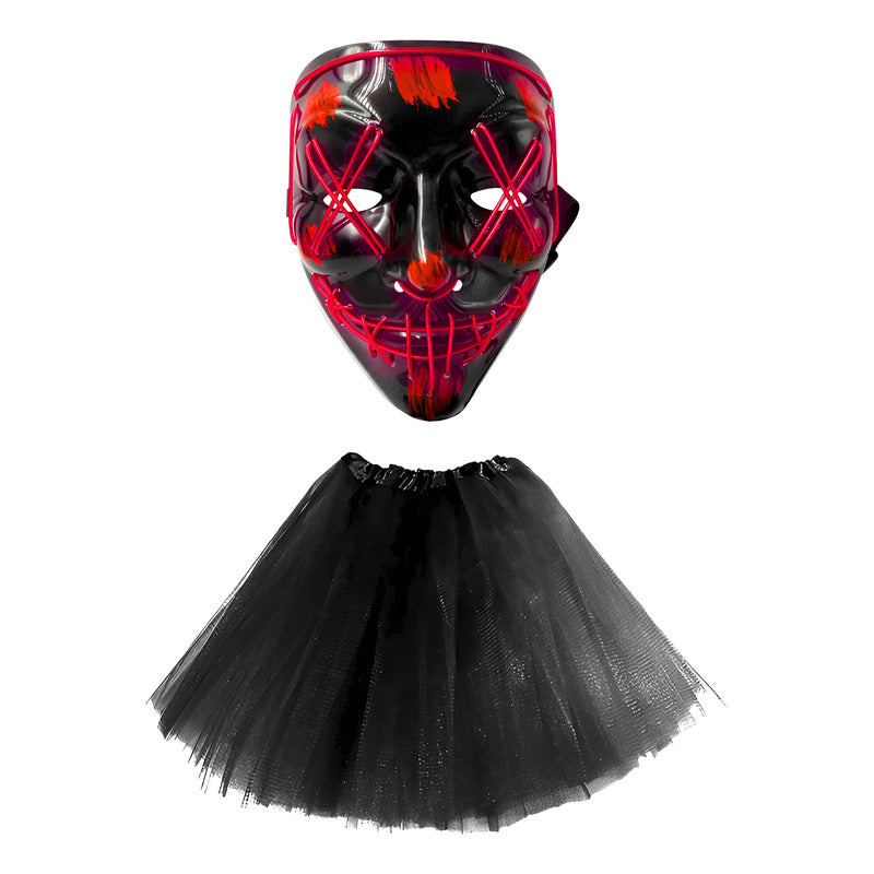 Pack Máscara Con Luz Led Más Tutu Negro Especial Halloween Estándar
