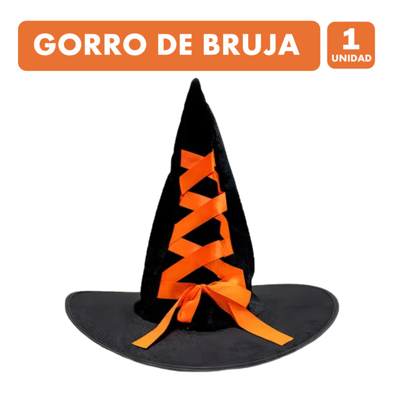 Sombrero De Bruja Terciopelo Con Detalle Naranjo Halloween Negro Estandar