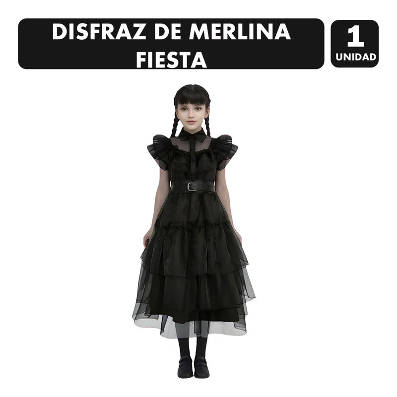 Disfraz De Merlina Vestido De Fiesta Negro Con Cinturon Niña 10-12