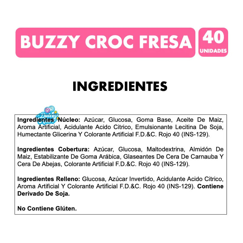 Chicles Buzzy Croc Rellenos Sabor Fresa Sin Gluten (40 Uni)