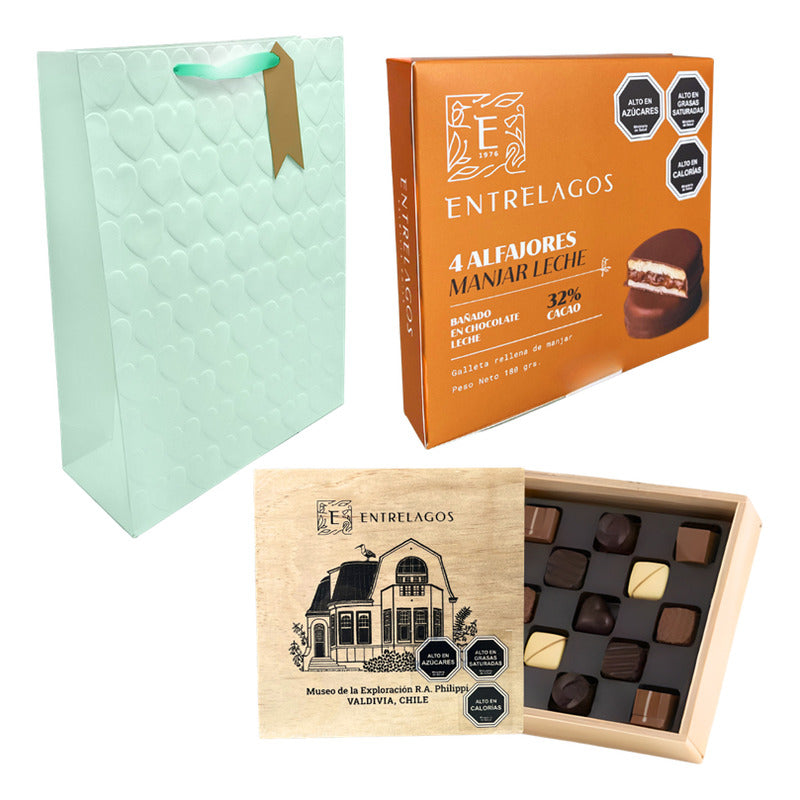 Pack Bombones Entrelagos + Alfajores Manjar +bolsa De Regalo