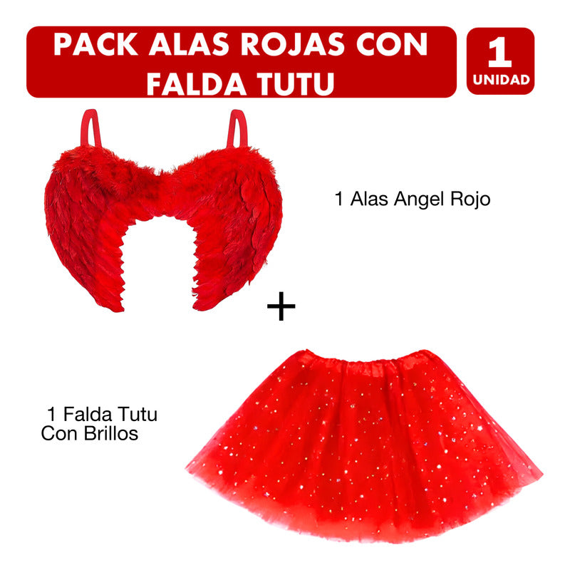 Pack Disfraz Alas De Ángel Rojo Con Falda Tutu Brillos Mujer Estandar