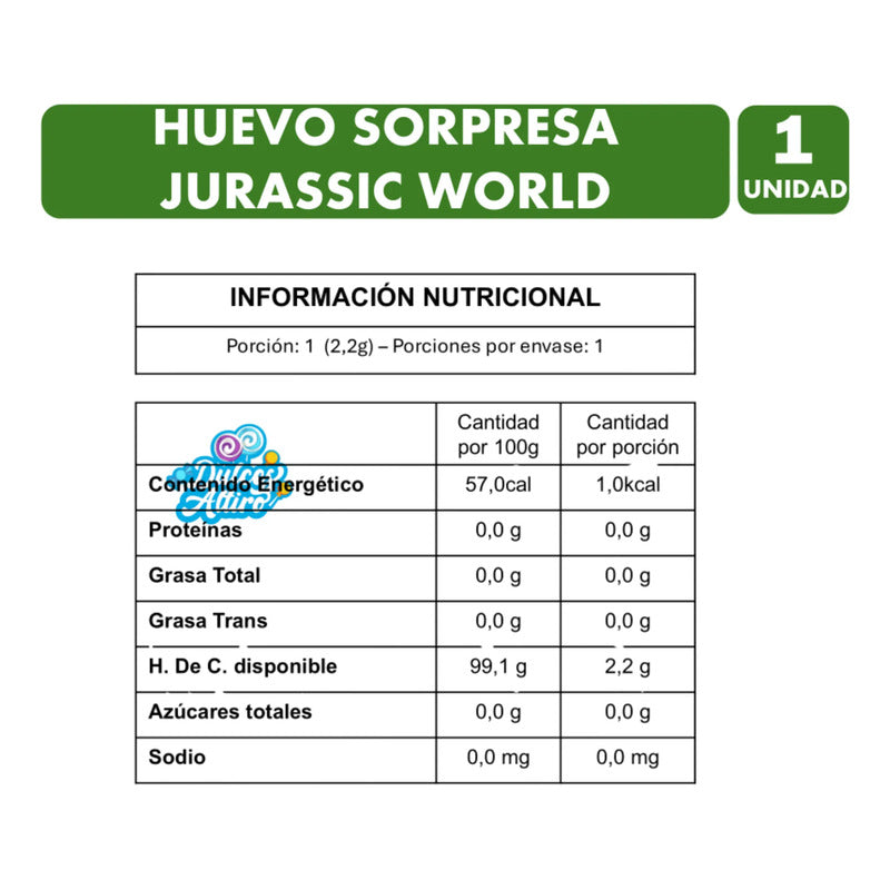 Huevo Sorpresa Jurassic World Con Caramelos Sin Azúcar