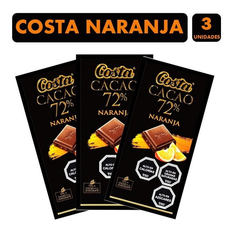Chocolate Cacao 72% Naranja, De Costa - Pack De 3 Unidades.