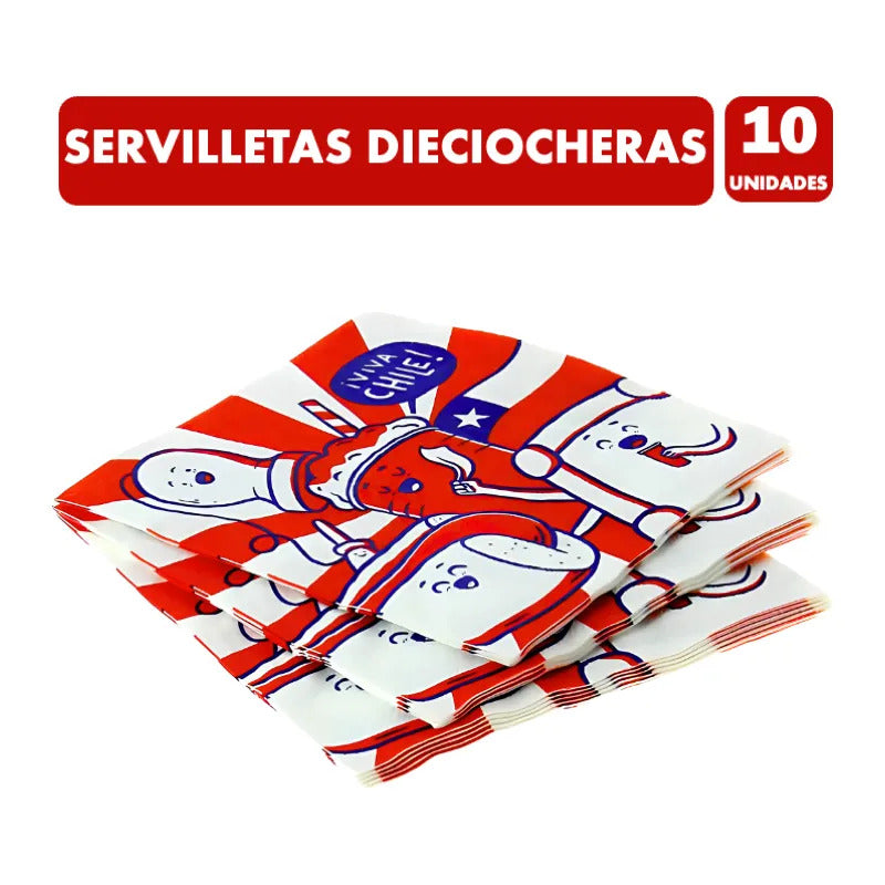 Servilletas Con Diseño Fiestas Patrias Dieciocheras (10 Uni) Blanco Azul Y Rojo