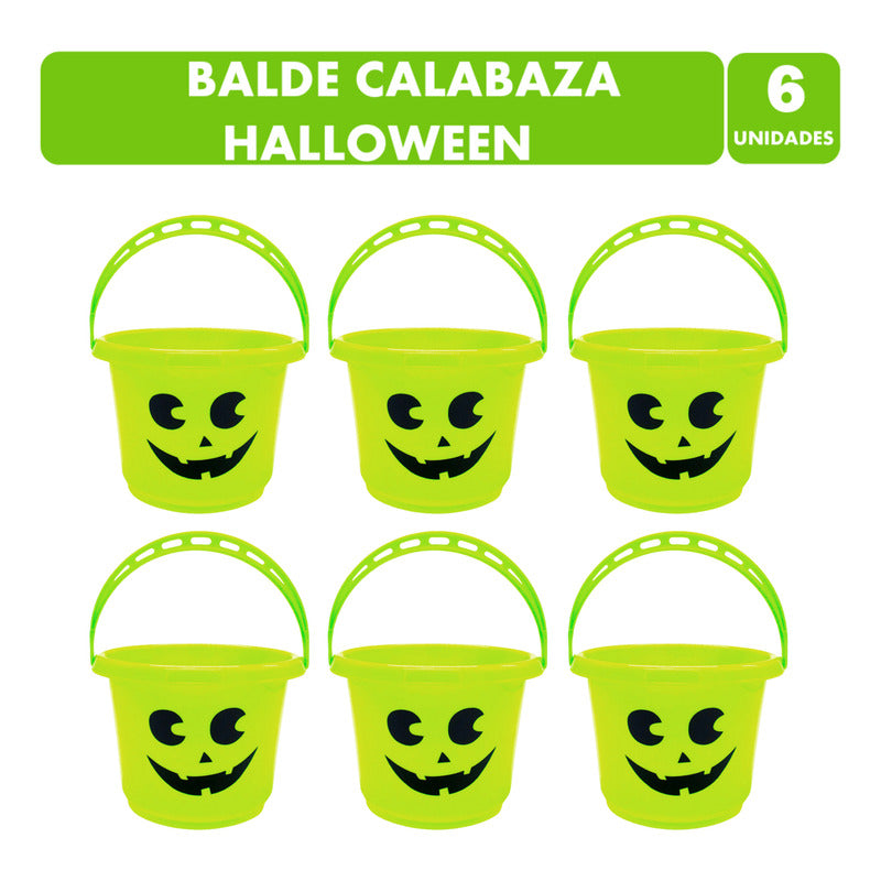 Balde Para Pedir Dulces Halloween Calabaza Verde Pack De 6u
