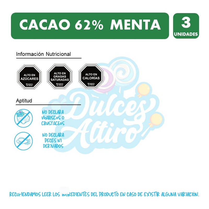 Chocolate Cacao 62%, Menta, De Costa - Pack De 3 Unidades.