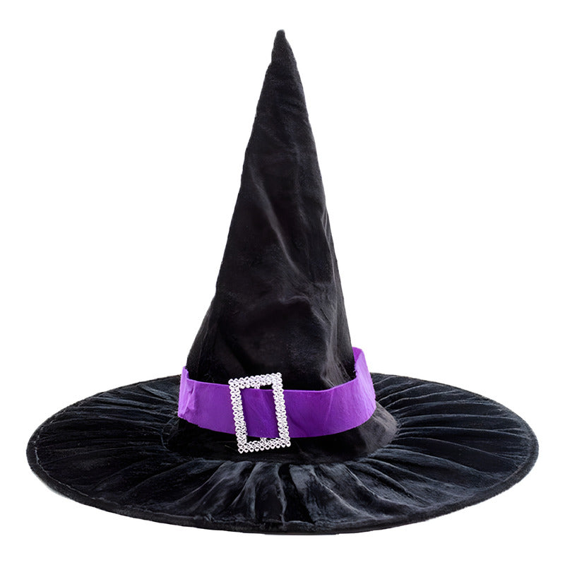 Sombrero De Bruja Terciopelo Con Detalle Morado Halloween Negro Estandar