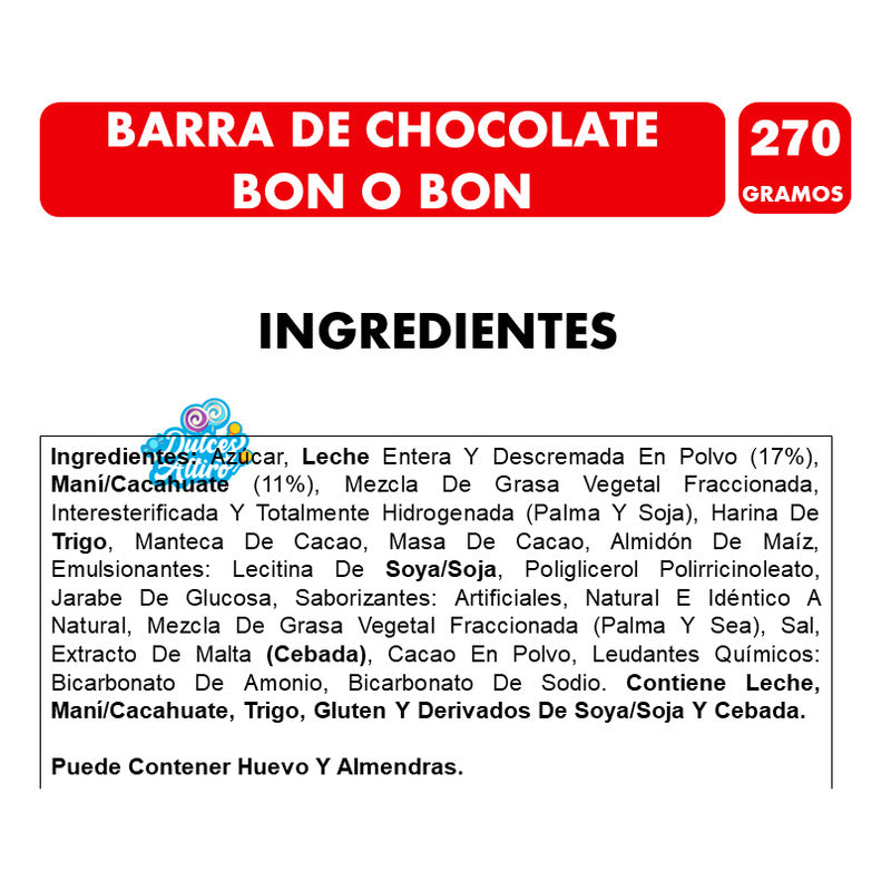 Barra De Chocolate Con Galletas Bon O Bon De 270 Gramos